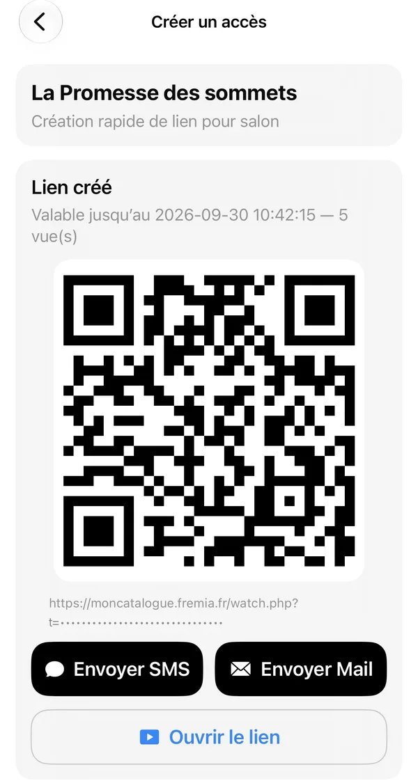 Application mobile : lien de visionnage créé, avec QR code et envoi par SMS ou e-mail